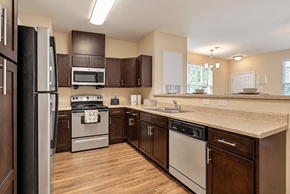Charlotte apartment for rent - A kitchen with a black refrigerator and wooden cabinets.