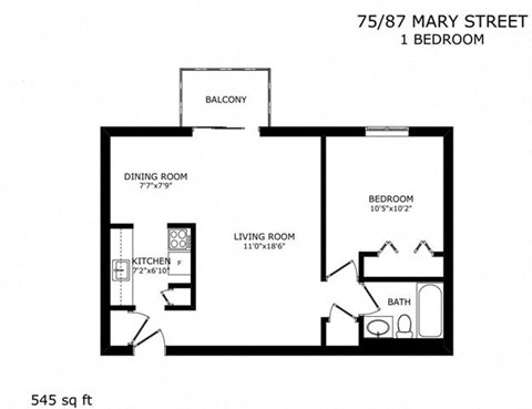 Floor plan for 1 bed, 1 bath, 545 sqft