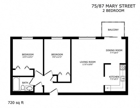 Floor plan for 2 beds, 1 bath, 720 sqft