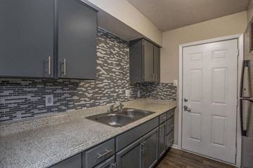 Plano apartment for rent - A kitchen with a sink and a white door.