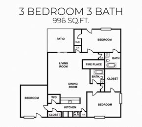 Dallas apartment for rent - floor plan of the three bedroom bathroom floor plan at the crossings at