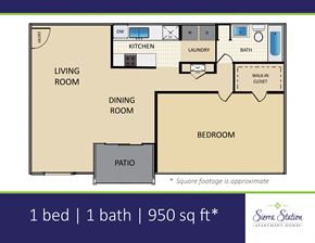 Atlanta apartment for rent - A floor plan of a one bedroom apartment with a living room, dining room, kitchen, bathroom, bedroom, and patio.