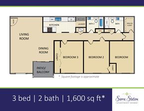 Atlanta apartment for rent - A floor plan for a 3 bedroom apartment with 2 bathrooms and a total area of 1,600 sq ft.