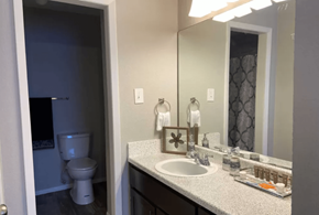 Austin apartment for rent - A bathroom with a toilet, sink, and mirror.