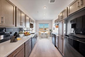 Aurora apartment for rent - A modern kitchen with dark wood cabinets and stainless steel appliances.