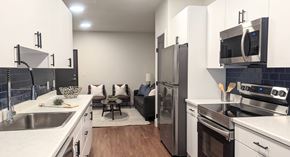 Aurora apartment for rent - View from the back window into kitchen showing stainless steel appliances.