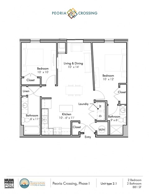 Floor plan for 2 beds, 2 baths, 897 sqft