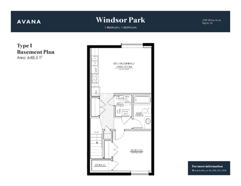 Floor plan for 1 bed, 1 bath, 649 sqft
