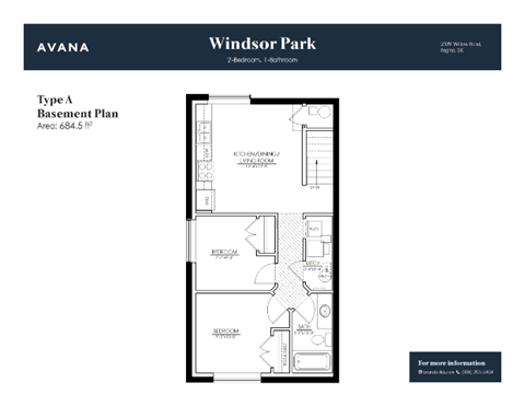 Floor plan for 2 beds, 1 bath, 685 sqft