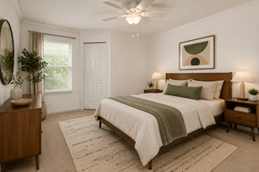 Pensacola apartment for rent - A bedroom with a large bed, a wooden dresser, and a ceiling fan.