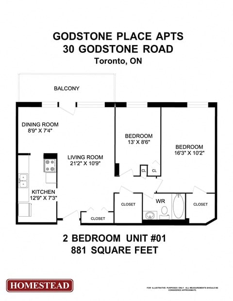 Floor plan for 2 beds, 1 bath, 892 sqft