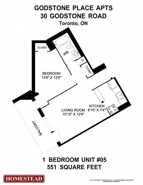 Floor plan for 1 bed, 1 bath, 538 sqft