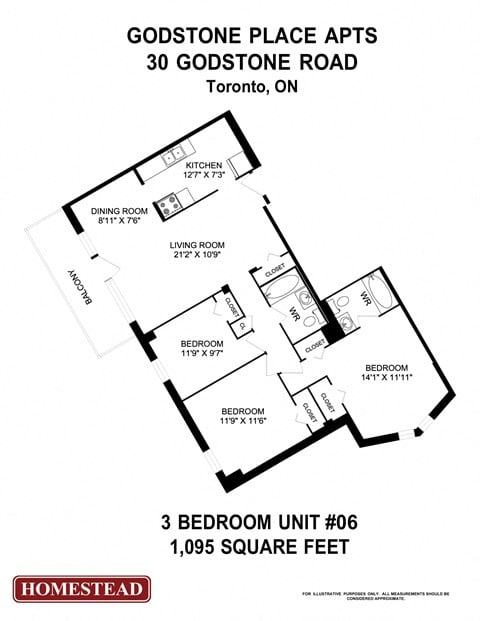 Floor plan for 3 beds, 2 baths, 1095 sqft