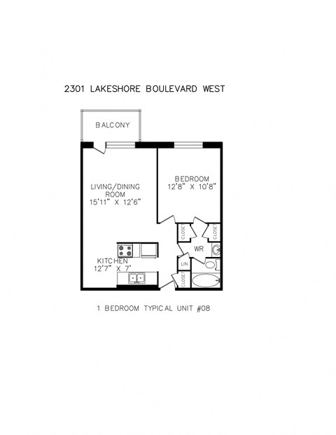 Floor plan for 1 bed, 1 bath, 573 sqft