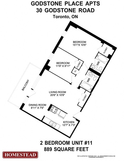 Floor plan for 2 beds, 2 baths, 889 sqft