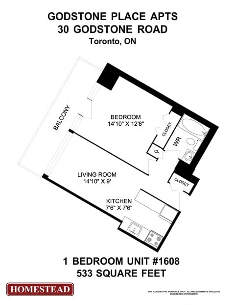 Floor plan for 1 bed, 1 bath, 532 sqft