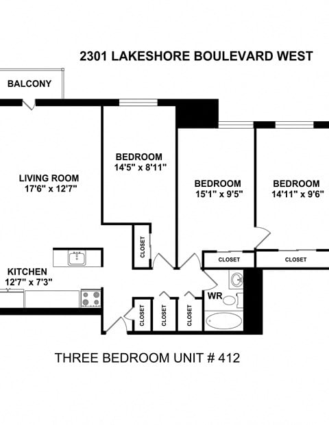 Floor plan for 3 beds, 1 bath