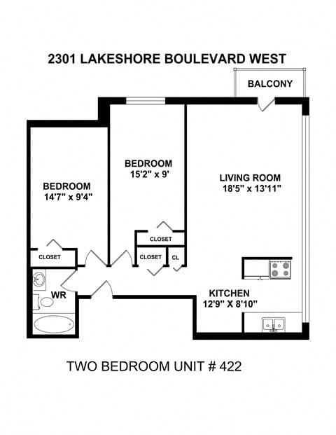 Floor plan for 2 beds, 1 bath, 780 sqft