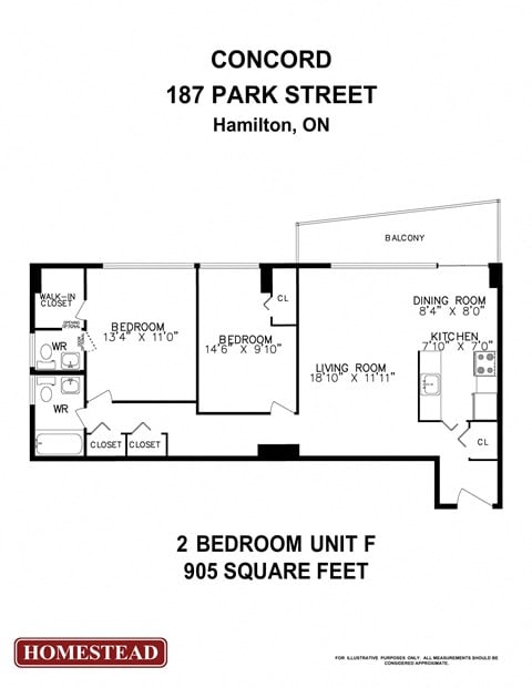 Floor plan for 2 beds, 1 bath, 905 sqft