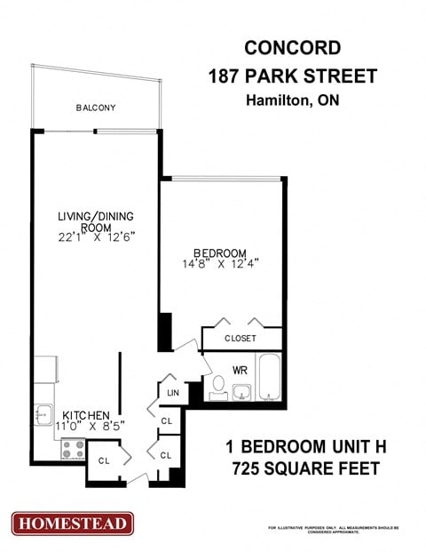 Floor plan for 1 bed, 1 bath, 725 sqft