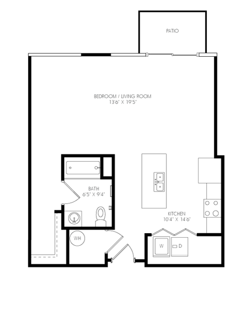 Floor plan for studio, 1 bath, 726 sqft