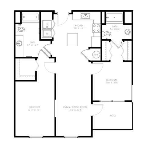 Floor plan for 2 beds, 2 baths, 1075 sqft