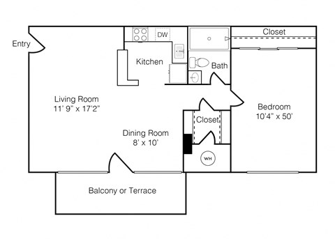 Floor plan for 1 bed, 1 bath, 630 sqft