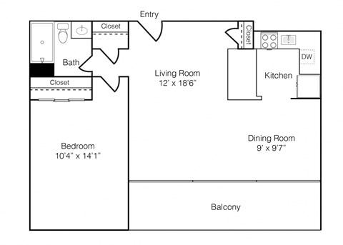 Floor plan for 1 bed, 1 bath, 633 sqft