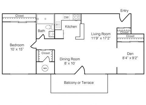 Floor plan for 1 bed, 1 bath, 722 sqft