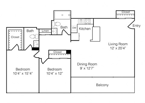 Floor plan for 2 beds, 1.5 baths, 878 sqft