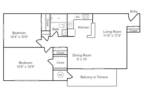 Floor plan for 2 beds, 1 bath, 782 sqft