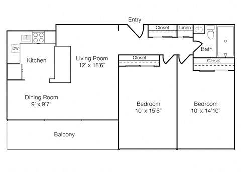 Floor plan for 2 beds, 1 bath, 878 sqft