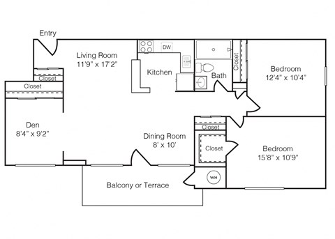 Floor plan for 2 beds, 1 bath, 890 sqft
