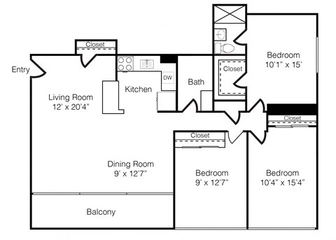 Floor plan for 3 beds, 2 baths, 1148 sqft