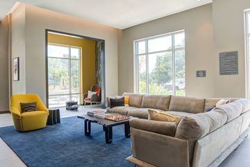 Clarksburg apartment for rent - A living room with a yellow chair and a grey couch.