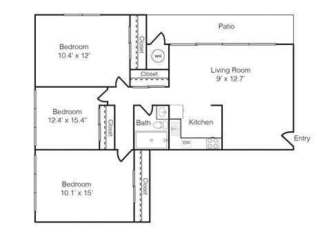 Floor plan for 3 beds, 1 bath, 960 sqft