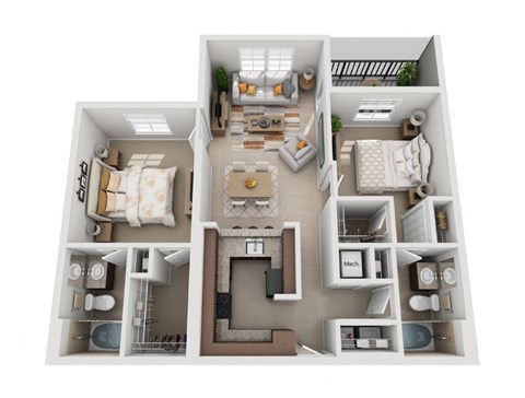 Floor plan for 2 beds, 2 baths, 1159 sqft