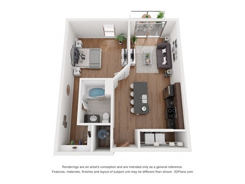 Floor plan for 1 bed, 1 bath, 737 sqft