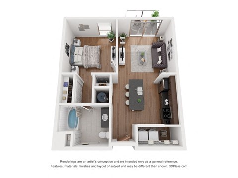 Floor plan for 1 bed, 1 bath, 737 sqft