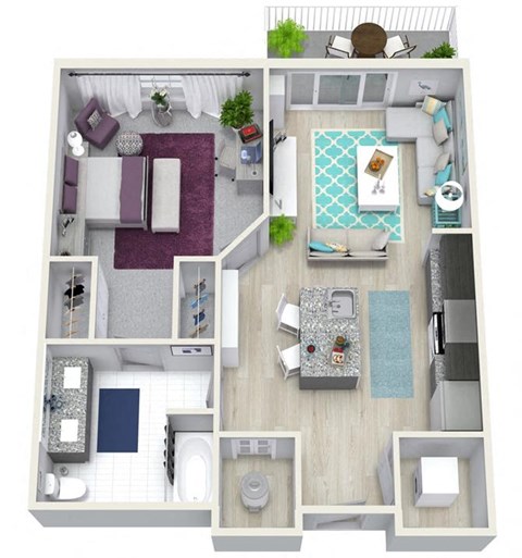 Floor plan for 1 bed, 1 bath, 741 sqft