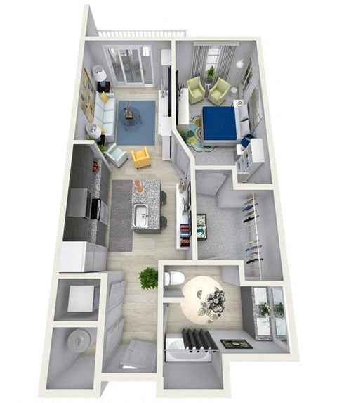 Floor plan for 1 bed, 1 bath, 858 sqft