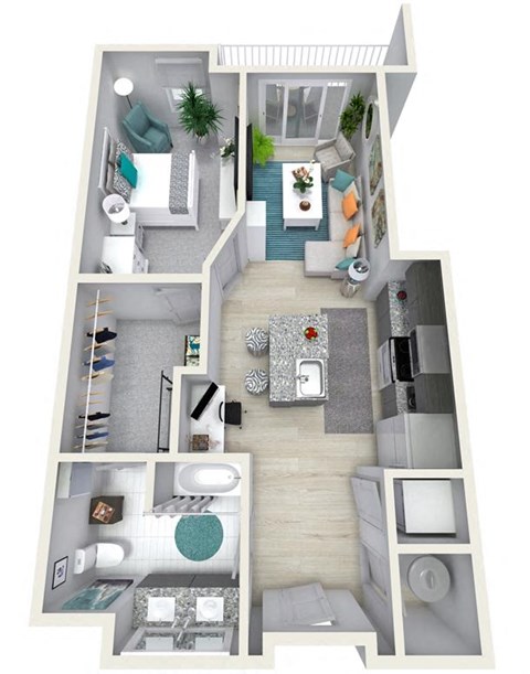 Floor plan for 1 bed, 1 bath, 833 sqft