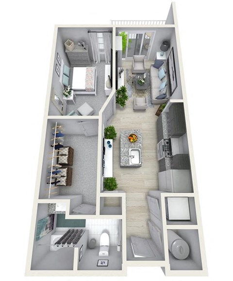 Floor plan for 1 bed, 1 bath, 858 sqft