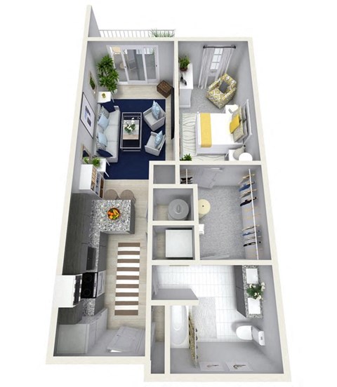 Floor plan for 1 bed, 1 bath, 858 sqft