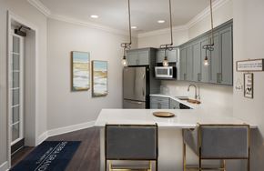 Naples apartment for rent - a kitchen with gray cabinets and a white counter top