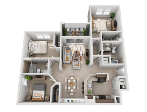 Floor plan for 3 beds, 2 baths, 1307 sqft