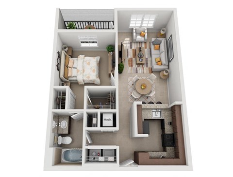 Floor plan for 1 bed, 1 bath, 847 sqft