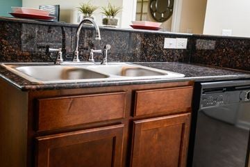 Jacksonville apartment for rent - a kitchen with a stainless steel sink and wooden cabinets