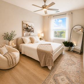 Kannapolis apartment for rent - Spacious primary bedroom at 200 Main Kannapolis featuring contemporary finishes, large windows, and designer furnishings.