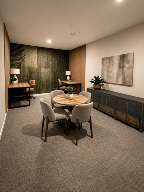 Kannapolis apartment for rent - Modern business center with coworking desks, collaborative seating, private workstations, and contemporary finishes at 200 Main Kannapolis.